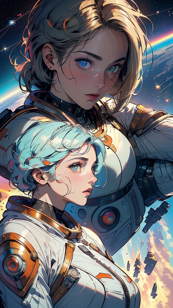 (best quality, masterpiece), 2 women, galaxy, glitter, nude, particle, wind, flower, upper body, dark  background, looking at viewer, green hair,shock white hair, Female Dragonborn space pirate and her Tiefling Mandalorian girlfriend,in bed Stargazing the cosmos from the viewport of their starship.in the middle of a sensual encounter,