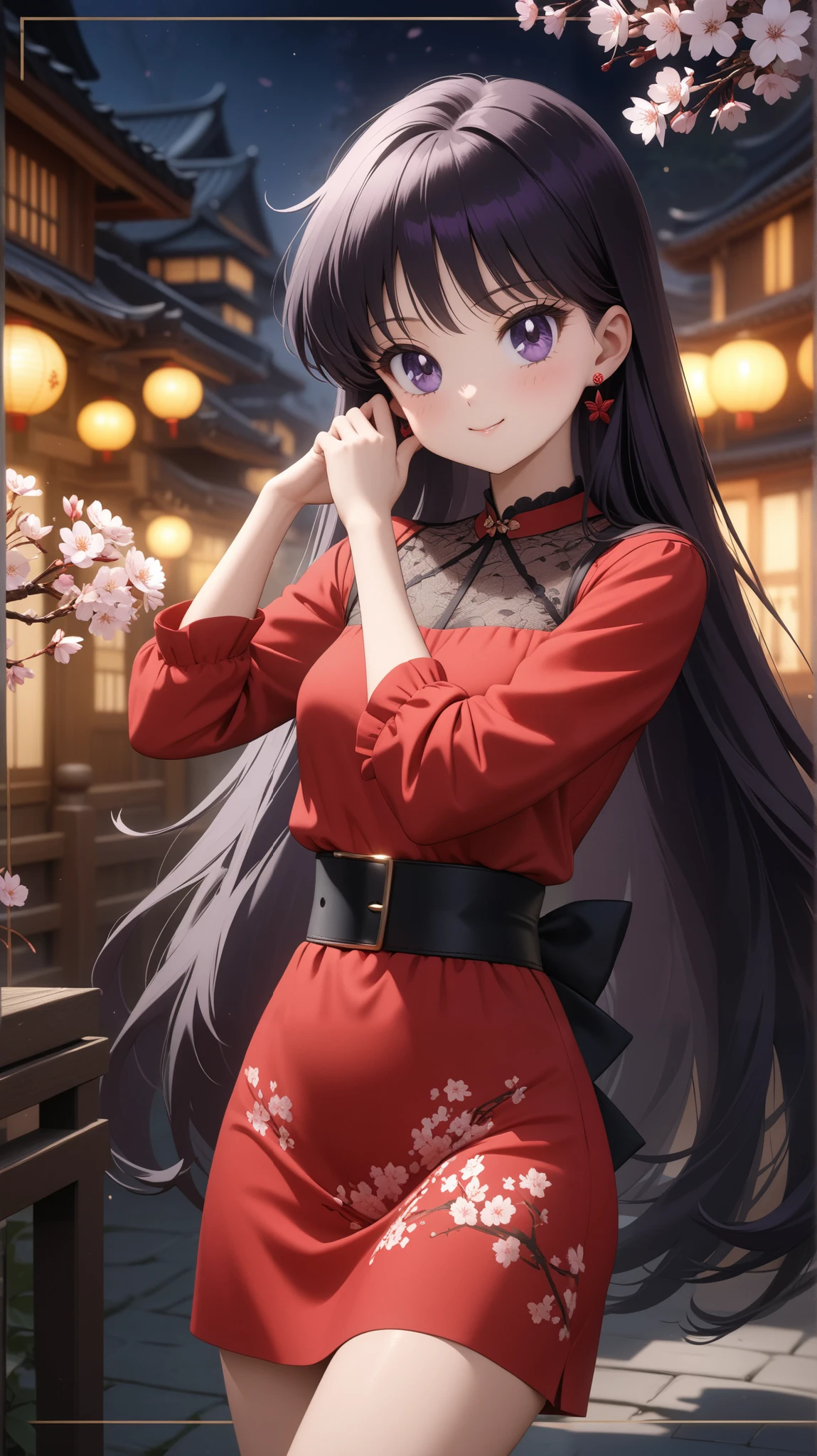 (masterpiece, best quality, very aesthetic , ultra detailed), intriguing details , 4K, long hair, black hair, hair combed to the side, earrings, purple eyes, small breast, hand on own face, 1girl, birthday, cute red dress with neck, white cherry blossoms printed, smile, black belt, detailed background, intricate details, black night, Various poses, Depicts the whole body, black heels, borders