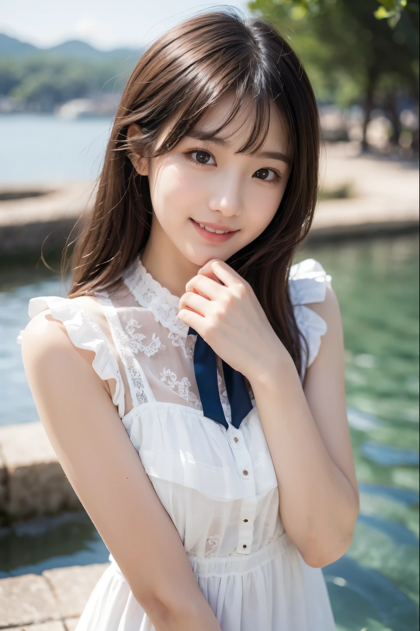 1 Nogizaka Musume、Very cute、a beauty girl、20yr old、(Gothic fashion)、Beautiful face, eyes and skin with exquisite detail、Fine white shiny hair、Classy ruffles、frilled tie、Ribbon tie、rose hair accessory、(Smile at the camera)、(cowboy  shot)、(European seas)、profetional lighting、BREAK、(realisitic、Photorealsitic:1.37)、8K、(​masterpiece)、(top-quality:1.4)、(超A high resolution:1.2)、 (Raw photography:1.2)、(Delicate lace、Soft fabric、Beautiful rose pattern dress)、perfect anatomia、4 fingers and 1 thumb、seaside backgroud、(Wallpapers by Unity 8K)