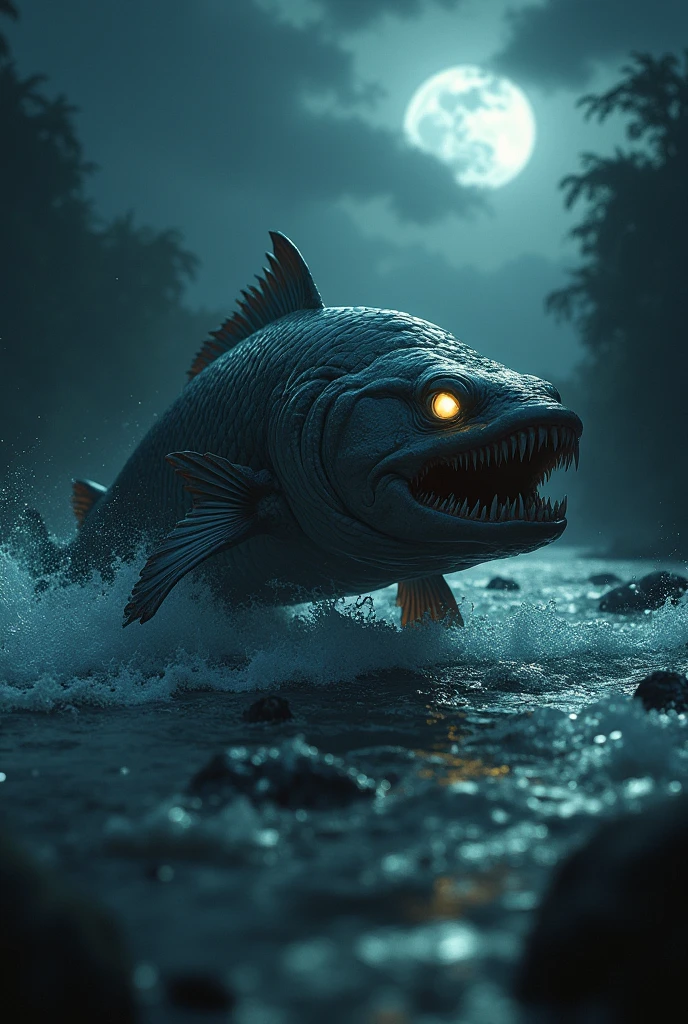 There is a shadow、Fish salmon、The fish has small black spots on its body.、Horror、His eyes are shining、There are no humans、Facing forward with mouth open