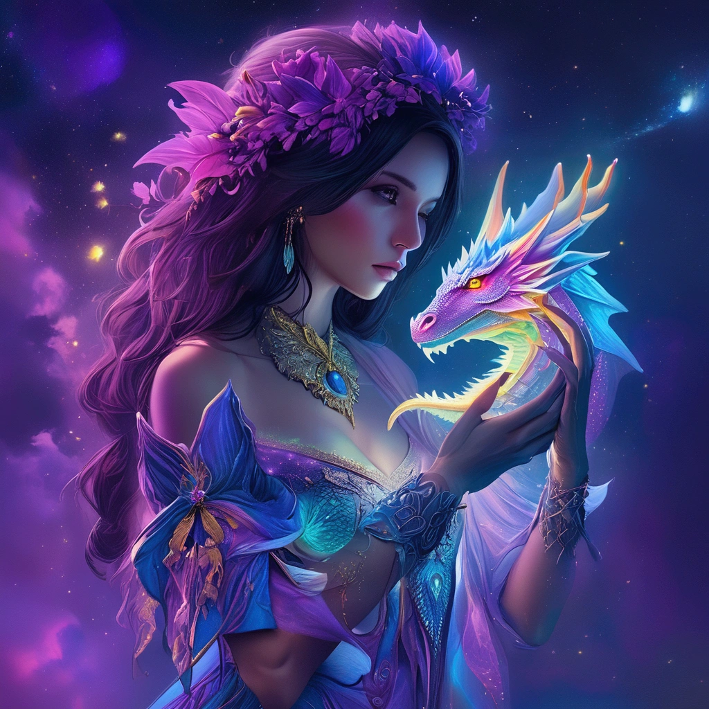 a close up of a woman holding a dragon in a space, colorfull digital fantasy art, detailed fantasy digital art, digital art fantasy art, fantasy digital art, digital art fantasy, beautiful detailed fantasy, beautiful fantasy art, detailed fantasy art, very beautiful fantasy art, fantasy art style, gorgeous digital art, digital fantasy art ), digital fantasy art, glowing neon 