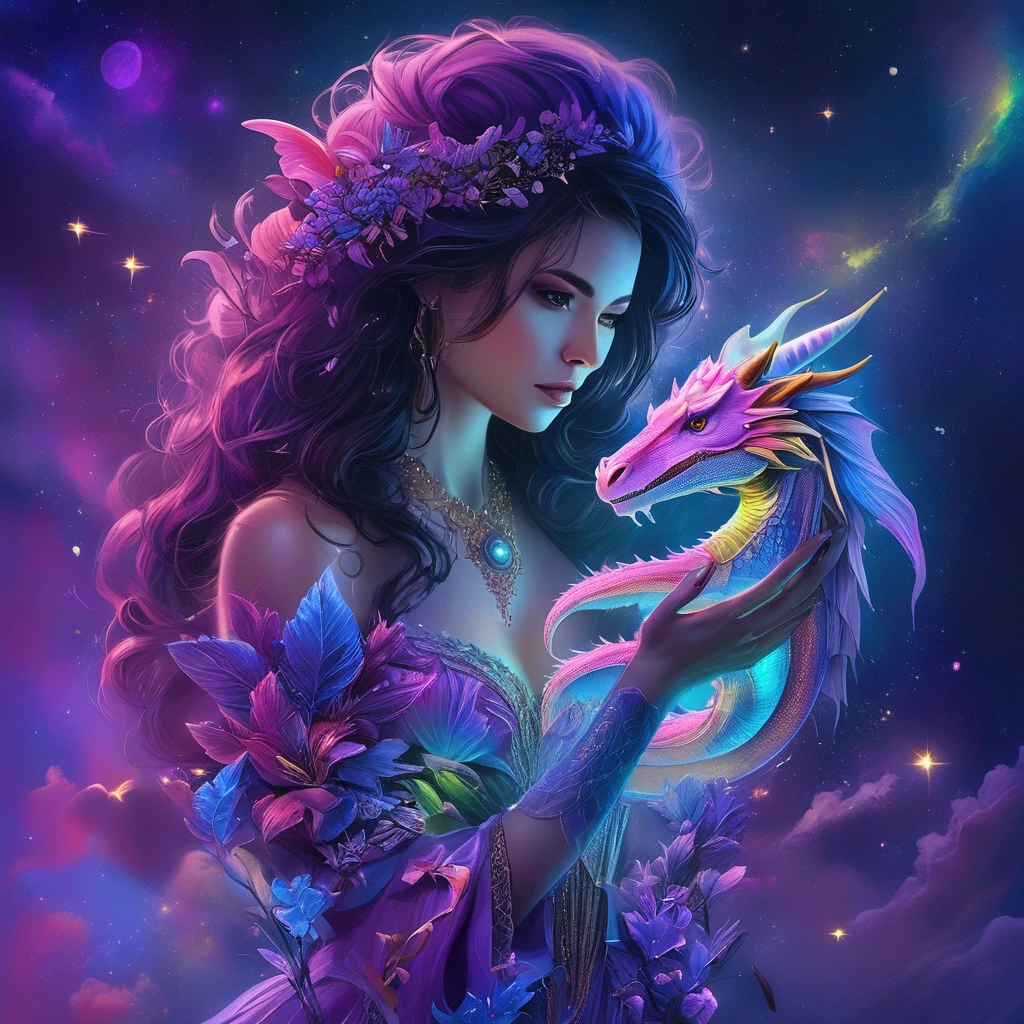 a close up of a woman holding a dragon in a space, colorfull digital fantasy art, detailed fantasy digital art, digital art fantasy art, fantasy digital art, digital art fantasy, beautiful detailed fantasy, beautiful fantasy art, detailed fantasy art, very beautiful fantasy art, fantasy art style, gorgeous digital art, digital fantasy art ), digital fantasy art, glowing neon 