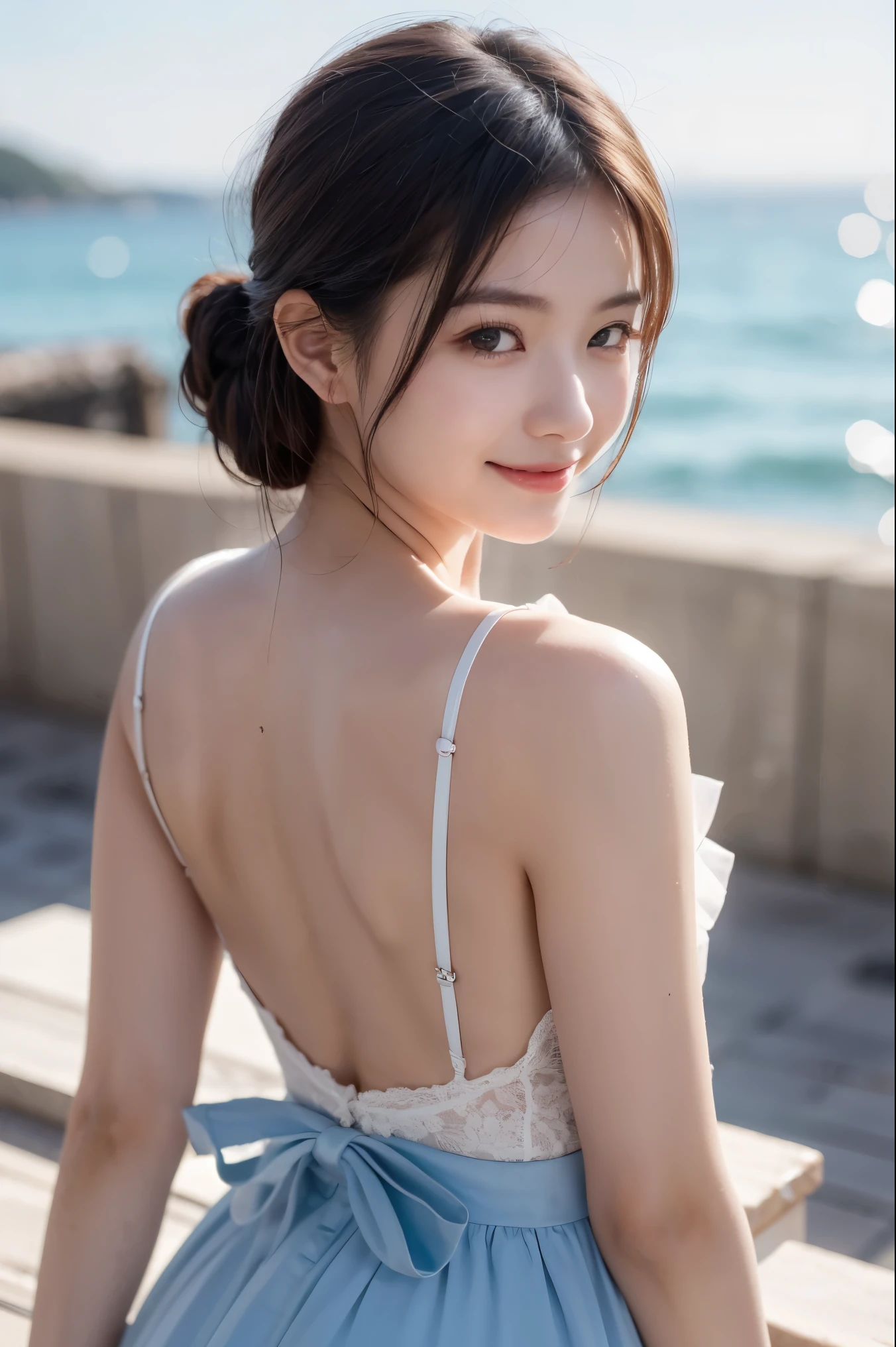 1 Nogizaka Musume、Very cute、a beauty girl、20yr old、(Gothic fashion)、Beautiful face, eyes and skin with exquisite detail、Fine white shiny hair、Classy ruffles、frilled tie、Ribbon tie、rose hair accessory、(Smile at the camera)、(cowboy shot)、(European seas)、profetional lighting、BREAK、(realisitic、Photorealsitic:1.37)、8K、(masterpiece)、(top-quality:1.4)、(超A high resolution:1.2)、 (Raw photography:1.2)、(Delicate lace、Soft fabric、Beautiful rose pattern dress)、perfect anatomia、4 fingers and 1 thumb、seaside backgroud、(Wallpapers by Unity 8K)