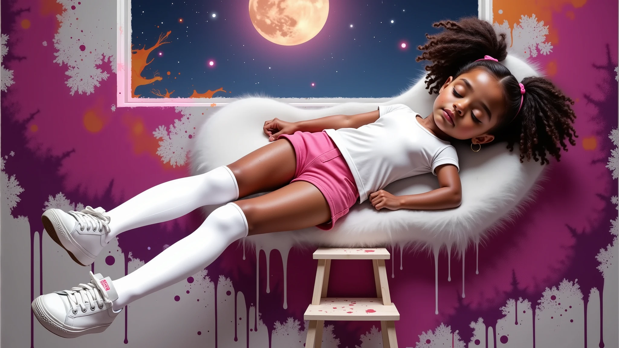 Inspired by the art of Disney Pixar movie posters in high quality and high resolution, create the image of a age: 10y, 10 anos de idade, **** , age: 10, attractive body, 1.35 m tallgirl with light brown skin, curly hair tied in two ponytails like plum pink in her hair, wearing a white t-shirt without any print and a pair of short pink shorts, white knee-high socks and no sneakers or shoes, just below there is a small two-step ladder with the sneakers she has just taken off, white sneakers. An important detail is that the entire environment is dirty with paint with stains of paint that gives a liveliness and artistic inspiration to the moment. The girl is also all dirty with paint. She is beautiful, she is 1.35 m tall with an attractive, sensual body, she wears clothes that highlight her beautiful and attractive body. She is involved in a surreal artistic scene where she will imaginarily lie down, rest, sleep, with her eyes closed, in a white cloud that runs down the wall that she herself painted the scene takes place in a painting that highlights a night with a full moon and stars it is a breathtaking scene