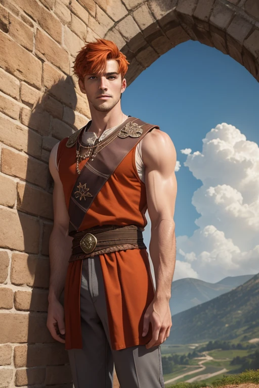 Photo-realistic. A pleased, tall, handsome, fit, 24-year-old Caucasian medieval prince, with short, fade-cut, burnt orange hair, and blue eyes, wearing a red and tan sleeveless tunic, with gray trousers, standing on a castle wall, looking out to the distance, on a cloudy afternoon.