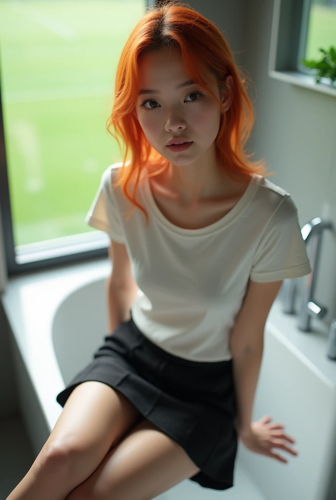Portrait of a beautiful 20-year-old petit , redhead, gorgeous Chinese, on the toilet, she clearly has diarrhea, (bathroom, daylight, melancholy light: 1.2)