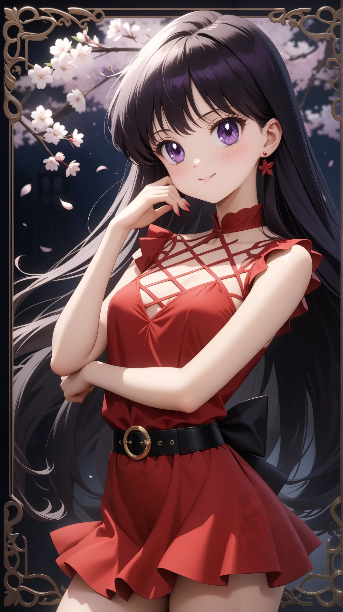 (masterpiece, best quality, very aesthetic , ultra detailed), intriguing details , 4K, long hair, black hair, hair combed to the side, earrings, purple eyes, small breast, hand on own face, 1girl, birthday, cute red dress with neck, white cherry blossoms printed, smile, black belt, detailed background, intricate details, black night, Various poses, Depicts the whole body, black heels, borders