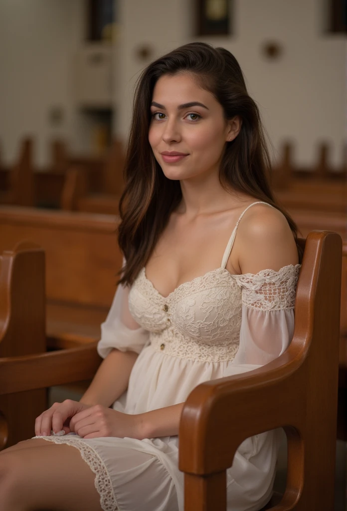1girl in, 30 years old, Square face, Long hair, Looking at viewer, jewelry, Reality, Sexy, bridal page, church background, free pose