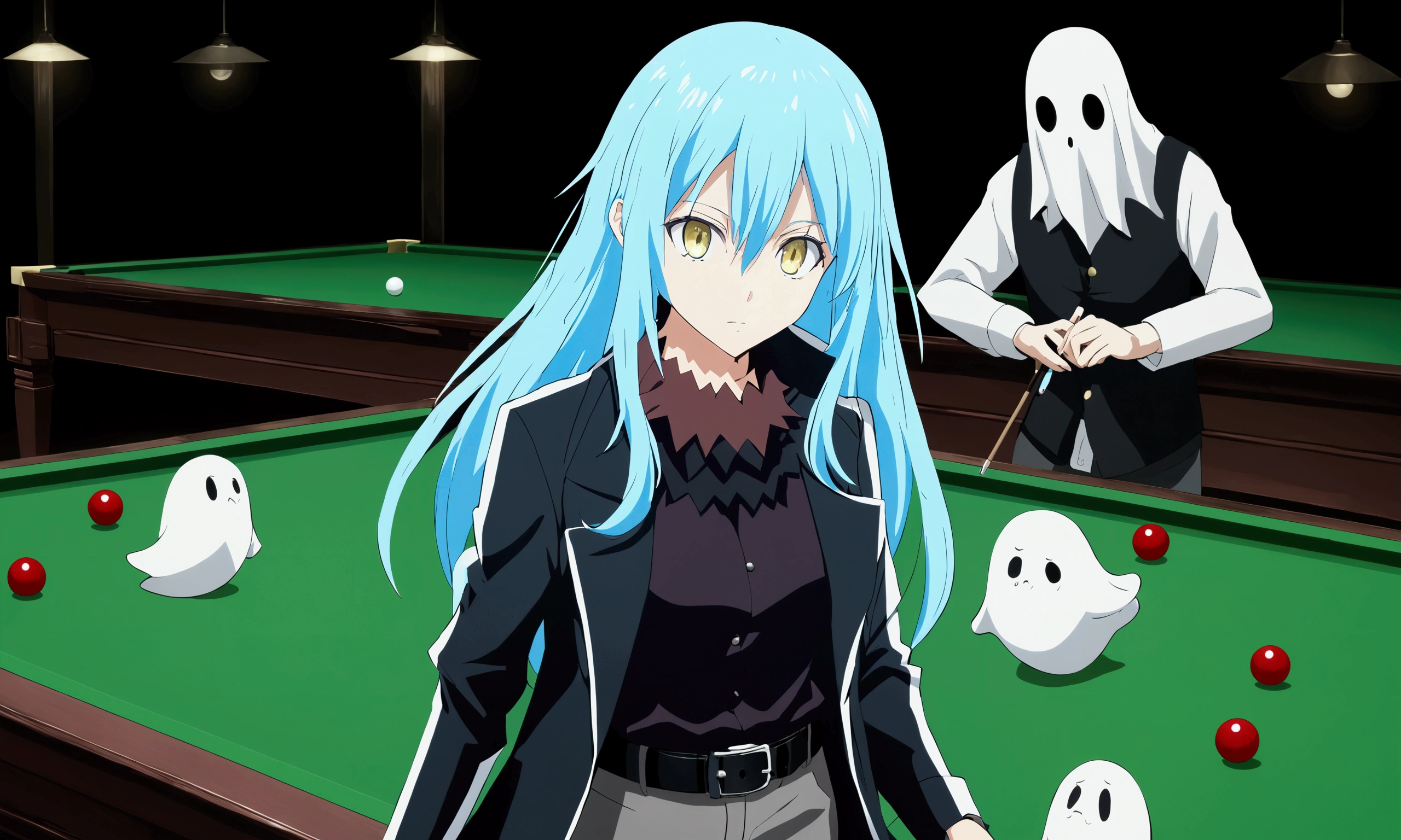 Girl, ghost, snooker, ghost and girl playing smooker, garota cabelo azul, fantasma de óculos escuros, anime, long sleeves, open clothes, belt, pants, coat, black pants, buckle, black belt, open coat, black coat, belt buckle, grey pants