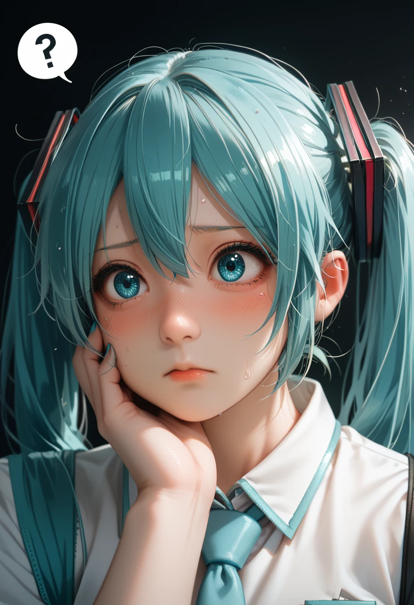 1girl, hatsune miku, best quality, amazing quality, very aesthetic, absurdres, highres, rating:general, confused, blush, spoken question mark, {flustered}, nervous sweating, portrait, pov hands, hand on another's cheek, averting eyes, [looking away], straight-on,