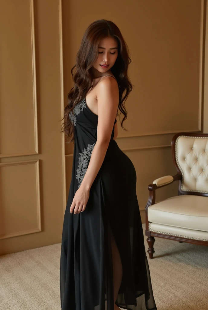 A young woman stands confidently against the warm beige walls and plush carpet of a cozy living room. Dressed in a flowing black silk camisole dress adorn with silver lace that accentuates her curves, she exudes elegance. Her long, dark brown hair cascades down her back, subtly framing her face as she stands tall, one hand resting on the back of a nearby armchair.