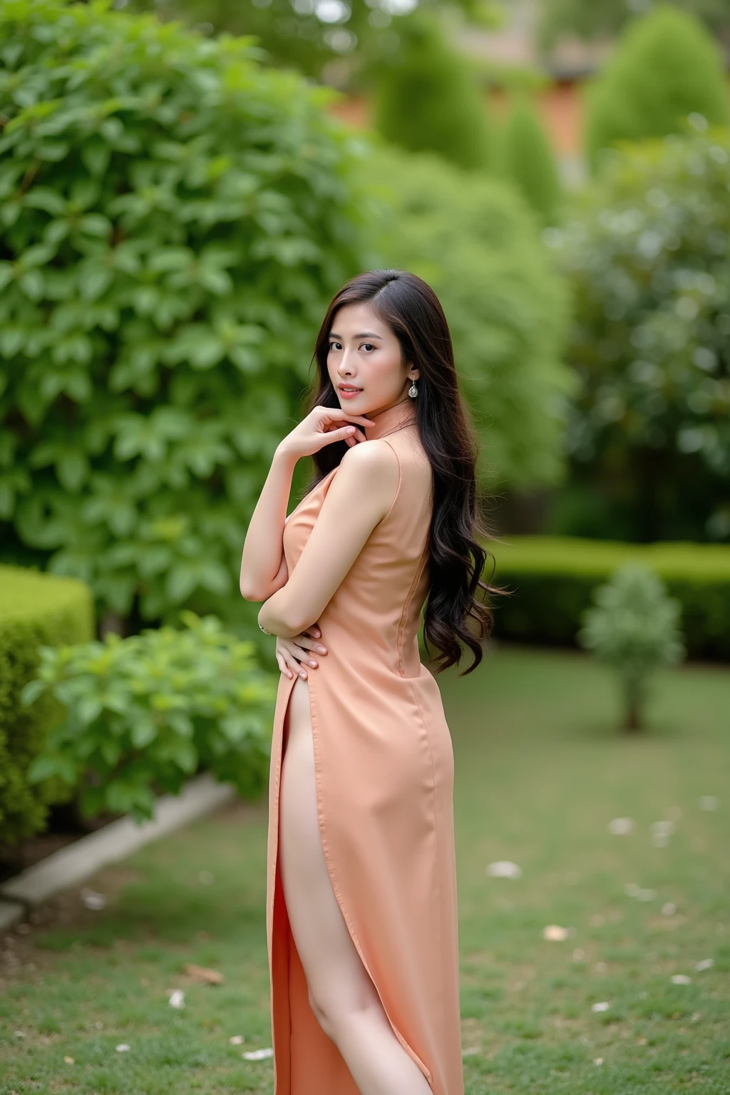 A young woman stands poised in a lush garden, traditional áo dài dress flowing behind her. Long, dark hair cascades down her back in loose waves, framing her serious expression. One hand rests on her hip, while the other cradles her chin. The dress's high slit and flared skirt fall to just above her knees. Amidst the greenery, she gazes off-center, exuding elegance and sophistication.