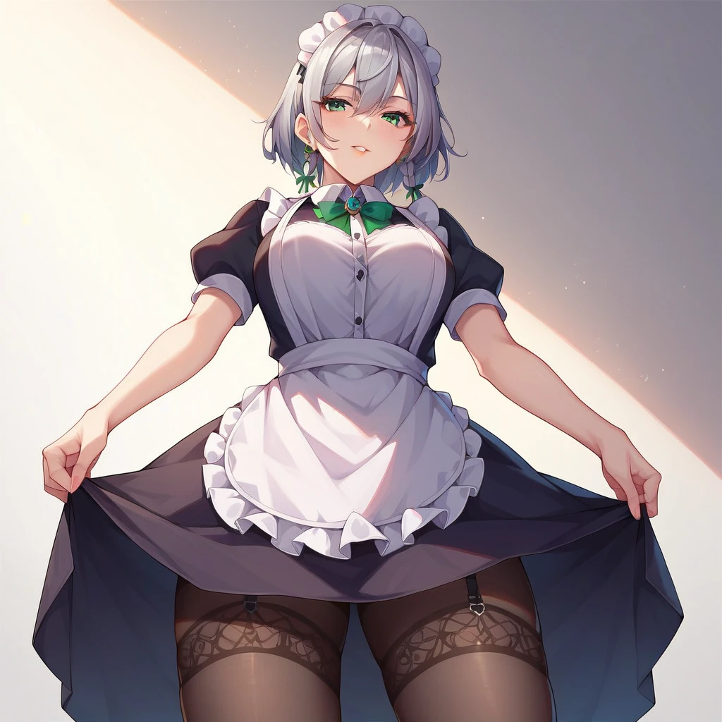 pretty girl,smile,Silver Hair,Short Hair,Maid clothes,White knee-high socks,White garter belt,pumps,Cafe,,,skirt lift by myself