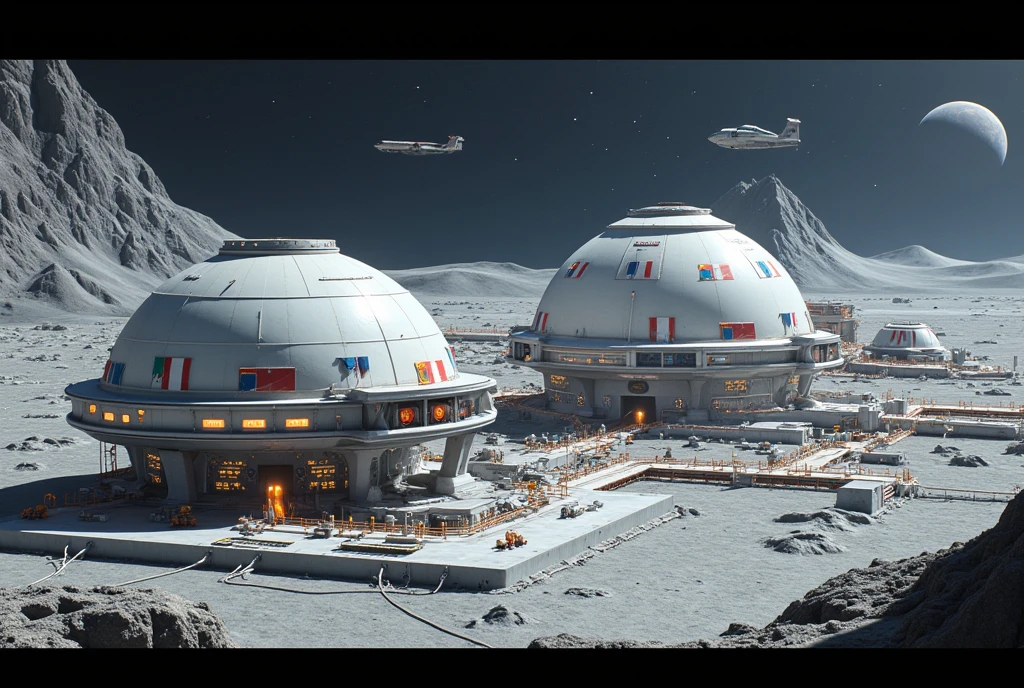 IMG_2748.CR2: ((Masterpiece)), ((ultra-detailed, 8k quality)), (top quality), (best composition), (high resolution)), 3D animation of a futuristic "Moon Base", expansive lunar crater with scattered white domes, each dome adorned with vibrant national flags, advanced resource extraction infrastructure, spacecraft frequently taking off and landing, leaving trails of moon dust, surface textures showcasing craters and lunar rocks, deep outer space spreading in the background, glowing control panels, sophisticated lighting reflecting off metallic surfaces, cinematic perspective, ultra-realistic rendering, inspired by Syd Mead, Simon Stalenhag, and NASA concepts.

Negative prompt: blur, oversaturation, low quality, poor composition, cartoonish design, unrealistic lighting, lack of detail, cluttered elements.