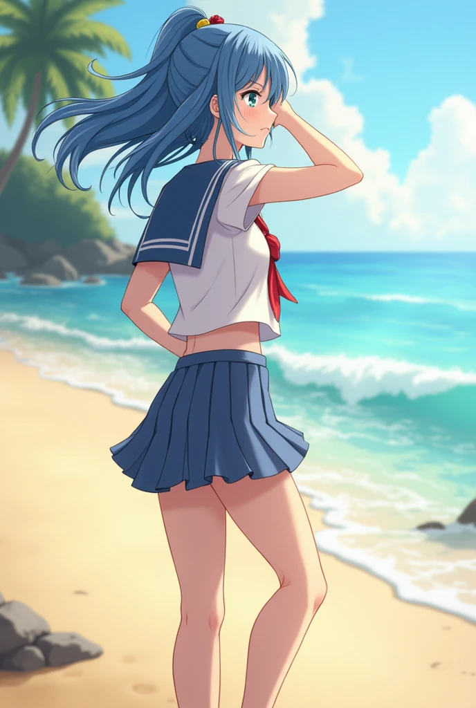 absurdity, high resolution, (official art, beautiful and aesthetic: 1.2), sparkling sky, vast world,((1 girl)), staring, awe-inspiring expression, distant horizon, clouds, natural beauty, inspiration, light effect, wide shot, from afar,beautiful woman, (masterpiece), (high resolution 8K), professional illustration, 1 girl, late teenage, walking, long shot, from behind, , short sleeve shirt, blue skirt,hat, long hair, blue hair, smile, looking up, on the beach, blue sky, daytime, in summer, natural lighting, detailed body, detailed skin