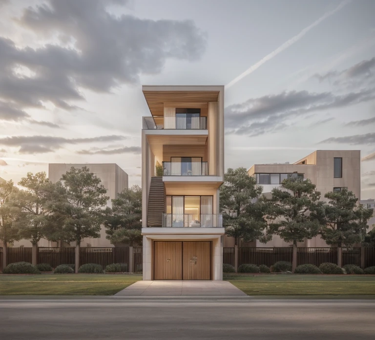 Raw photo,Masterpiece, high quality, best quality, authentic, super detail, exterior, ((style modern), sunset, day light, bed, carpet, curves, bedside cabinets, wood floor ,wardrobe, led, flower vase, butterfly chandelier , windows, downlight, ((sage tones)), ((Beige wall)), ((grey)), ((smoke)), ((white)), road, sidewalk, grass, trees, sky, clouds, ((daylight:1.3))