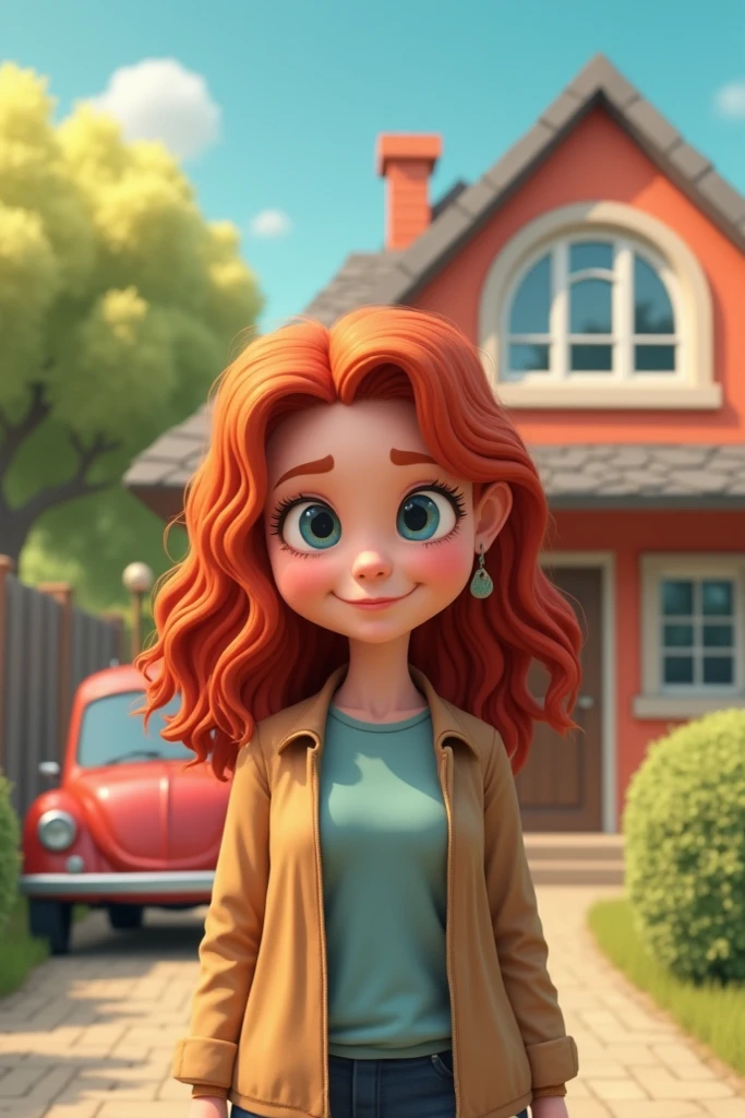  Redhead girl  standing in front of beautiful house and a car with her old mother .generate in animated form 
