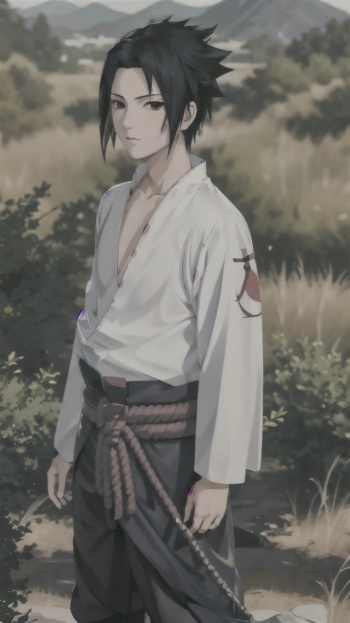 A boy named Sasuke, short brown hair, striking red eyes, wearing a long-sleeve white shirt, dark blue pants, standing confidently in a dynamic pose, detailed facial features, ultra-detailed clothing textures, anime style, high resolution, (best quality, 4k, ultra-detailed, realistic:1.2), vivid colors, soft lighting, expressive background elements like trees or mountains