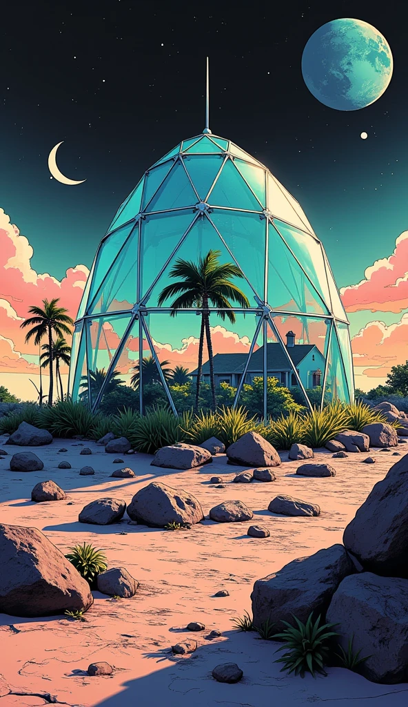 a spherical glass dome on the moon drawn in the style of synthwave. glass dome has triangular glass panels that forms the hemispherical shape. inside the dome, a small farm can be seen. there is also a small building inside the glass dome. earth can be seen in the sky.