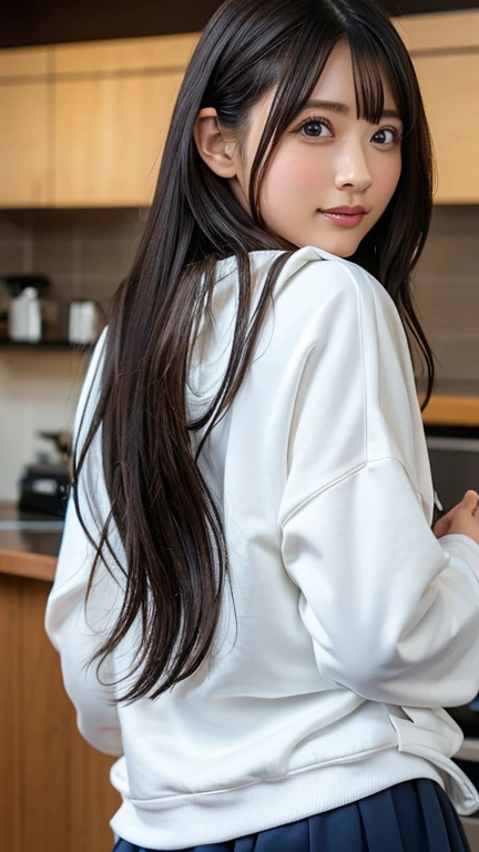 A beautiful female student wearing a university shirt and underwear is standing in the kitchen boiling instant noodles.,kitchen,realistically,realistic,side view
