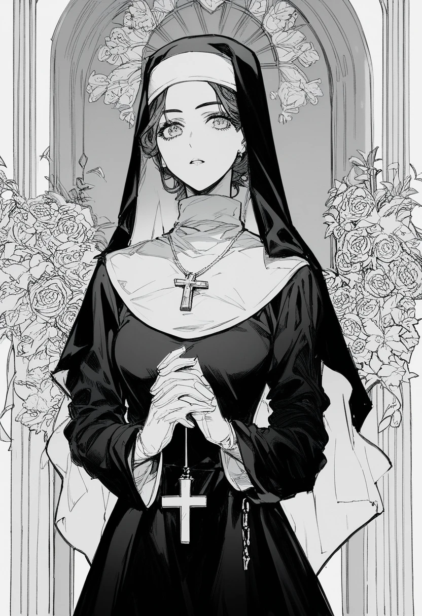 score_9, score_8_up, score_7_up, 1girl, solo,  Priest，nun，White holy light，Wedding dress，with bible in hand，cross,,manga, monochrome, dekosukentr style
