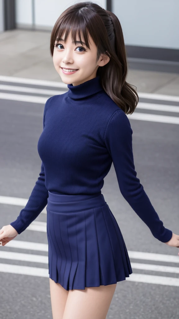 pixel perfect, Perfect in every detail, alone, 1 girl, Saten Ruiko, medium breasts,wave hair,turtleneck,,mini skirt,smile,stylish pose,stylish angle,looking at the viewer,in the center of the image,alone,