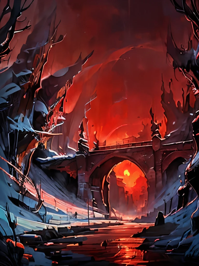 Scenery of destruction with blue and red tones, art in the manhwa style