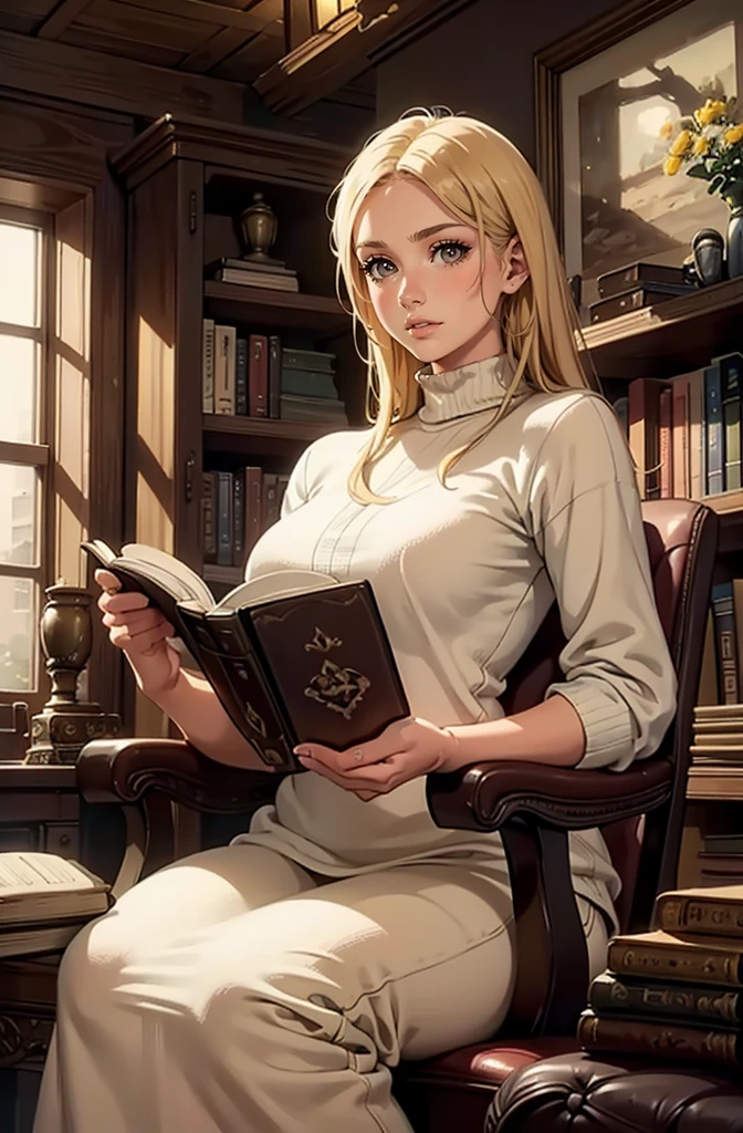 A girl reading a book in a cozy library, Surrounded by bookshelves, soft warm lighting, Vintage Leather Armchair, wooden desk,  beautiful detailed eyes , long eyelashes, Quiet environment, Old book smell, Dusty sunbeam, calm, focused expression, Traditional style of oil painting, Warm color tone, high-resolution picture, Studio lighting. toned body