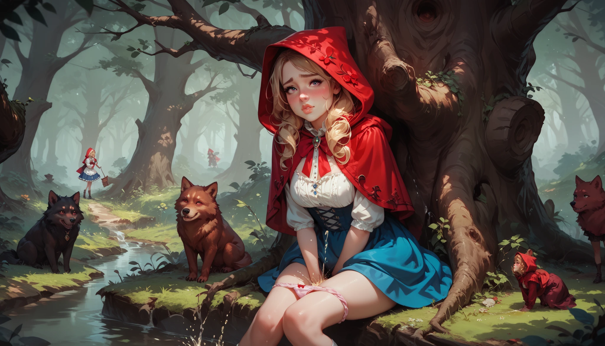 cute maiden, Little Red Riding Hood, hiding behind tree peeing, skirt pulled up, pouting lips, shy, red cheeks, , cute, visible pubic hairs under panties, on the trail in the dark woods, horny big bad wolf watching her