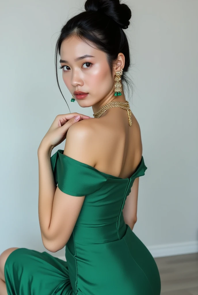 a beautiful model wearing a green off-shoulder dress, detailed skin, photoshoot pose, healthy skin, high bun hairstyle, intricate jewelry