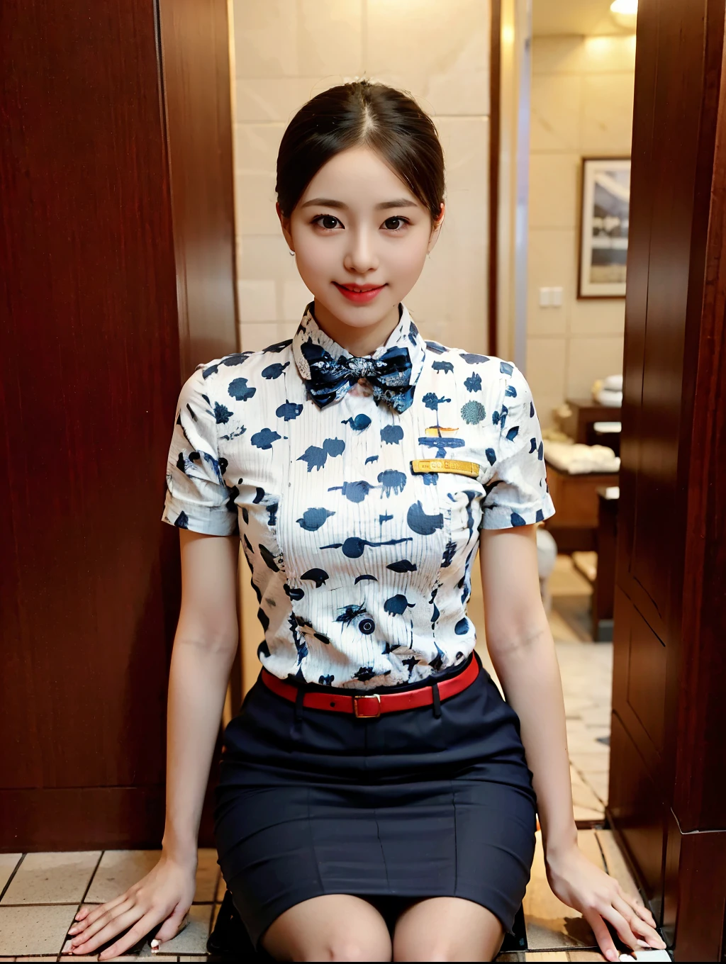 ( A gorgeous lady , 21 years old,  wearing an air stewardess ,  Shenzhen airline stewardess , Wet White Shirt ,  Wet Red Mini Skirt ,  Kneeling in the Bathroom ,  smile with a wine cage ,  Short Ponytail Hairstyle ,  short hair wave ,  Cute Crooked Teeth ,  Full rounded chest ,  Straightened flawless legs , Realistic photos,  Beautiful Delicate Eyes, Beautiful detailed faces,  Surrealism ,  High Contrast , Ultra HD, Real Skin Texture , Top影像品質, Top,  super high resolution,  Fine details ,  extremely carefully , close-up, from head to legs, masterpiece, ROMANTIC NIGHT ,  Dark Bokeh Background)