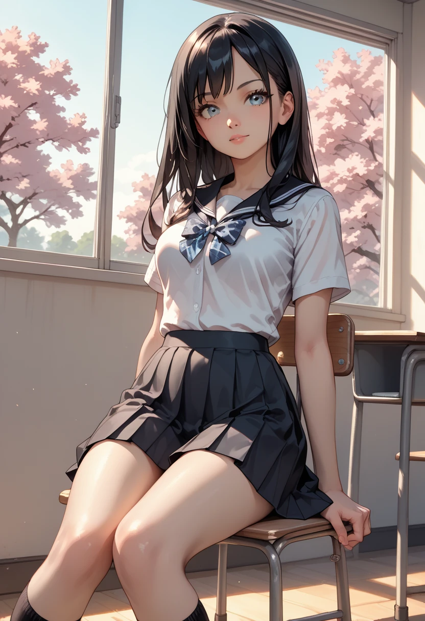 NSFW, (((photographrealistic))), (Shiny skin), ((closing eye、Open your mouth))、(nffsw, in 8K,Wallpaper, High resolution), Perfect Anatomy, Cinematic lighting, Physically-based rendering, Award-winning, highlydetailed skin, extra detailed face, Eyes with beautiful details, Carl Zeiss 85mm F/1.4, (1 man and 1 girl, a couple:1.5), Cute 16 year old Japan schoolgirl, sitting in the chair, (Black hair, Brown eyes, Round face), middlebreasts, Wet school blouse with ribbon, Navy Pleated Skirt Lift, Navy High Socks,Spread legs, Thigh Focus, In the classroom, Blue Hour, (One man is a student, A student is hugging a girl from behind:1.5), student clothes, ((Student touching girl's panties:1.5)), [Full body shot], Shot from below,