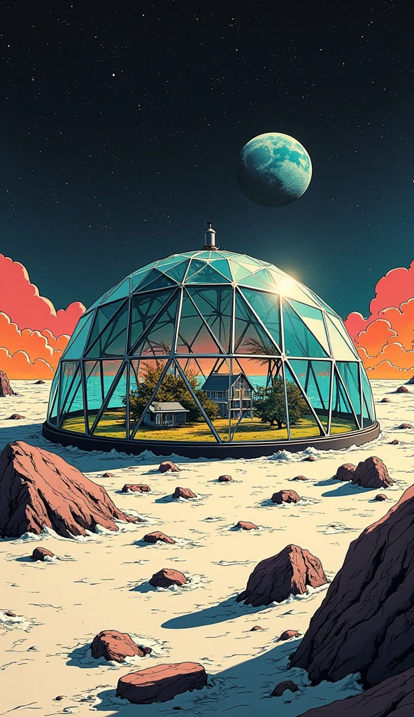 a spherical glass dome on the moon drawn in the style of pop art. glass dome has triangular glass panels that forms the hemispherical shape. inside the dome, a small farm can be seen. there is also a small building inside the glass dome. earth can be seen in the sky.