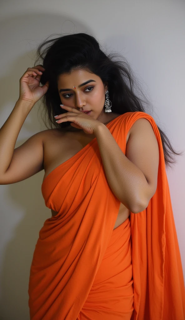 arafed woman in an orange sari posing for a picture, indian goddess, sexy movie photo, traditional beauty, indian, sexy girl with dark complexion, beautiful sexy woman photo, big huge enormous gigantic humgous large breasts size, indian super model, provocative indian, armpit, movie stills photography, very seductive pose, sexy girl, dressed in a sari, with large breasts,cinematic:1.3), intricate details, (ArtStation:1.2).