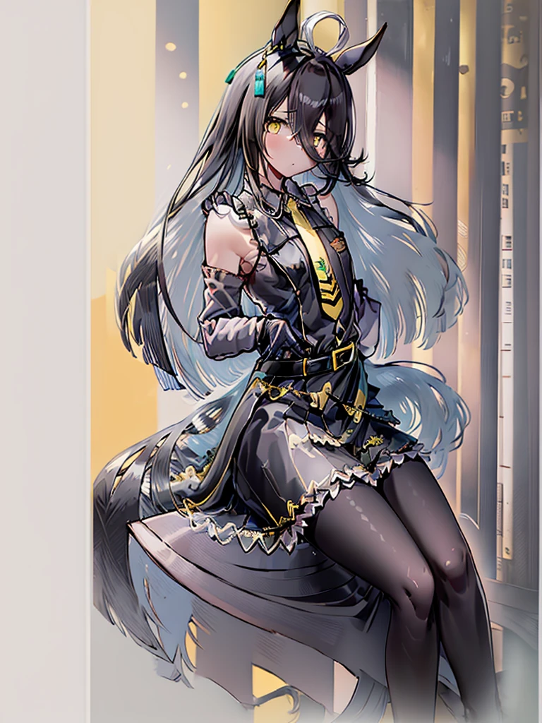 ((​masterpiece))、((top-quality))、(solo)、sitting on、manhattan-cafe,manhattan-cafe(Racing Wear)、((White ahoge)), (Long Black Hair)、very long black bangs passing between the eyes,,,,、Black-haired horse ears、Horse tail、Yellow eyes without highlights、(((flat chest)))、(((Long coat in black)))、((Black shirt))、 ((((Black pantyhose))))、((a black skirt))、Black Gloves、((Yellow tie))、waist belt