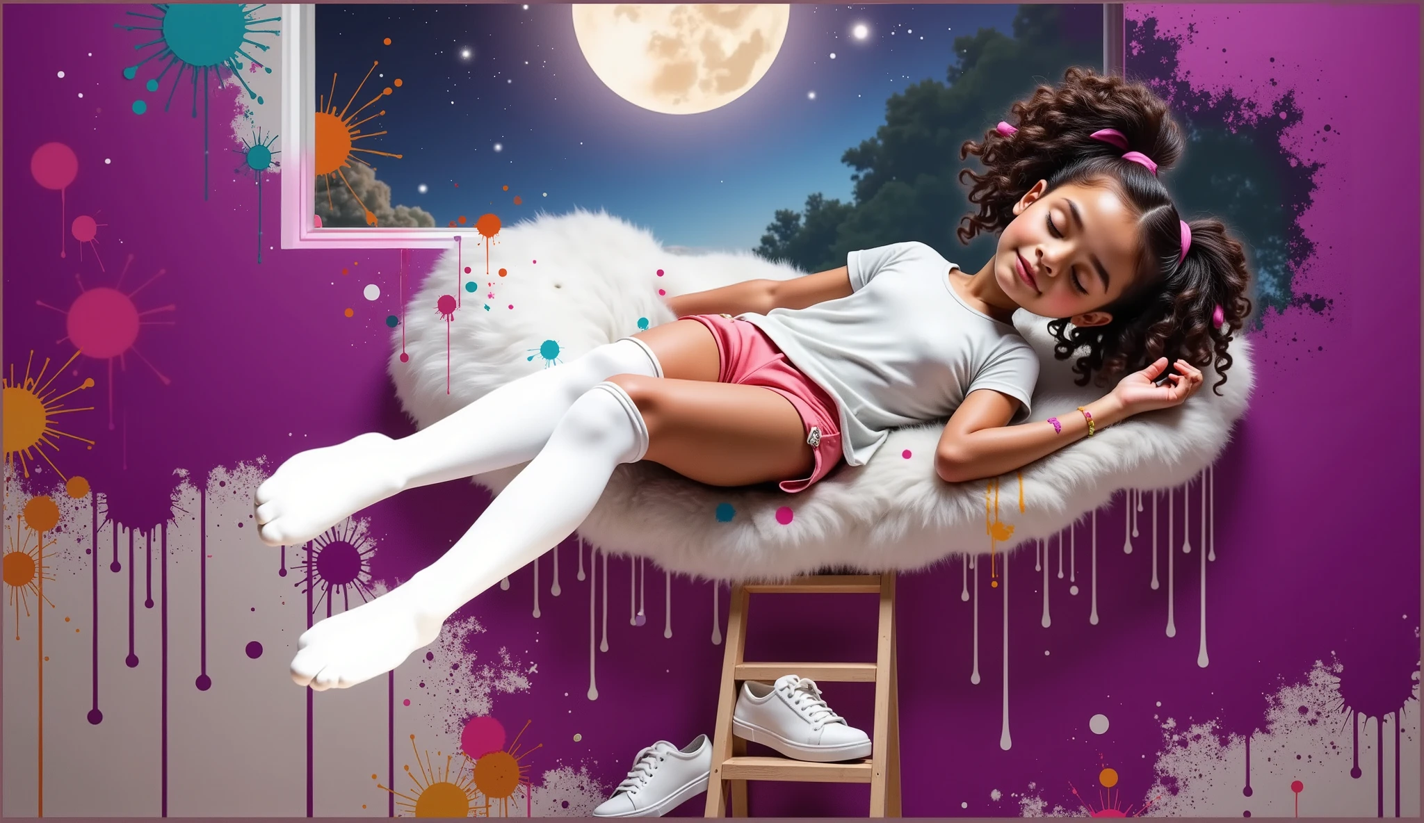 Inspired by the art of Disney Pixar movie posters in high quality and high resolution, create the image of a age: 10y, 10 anos de idade, 10yo , age: 10, attractive body, 1.35 m tallgirl with light brown skin, curly hair tied in two ponytails like plum pink in her hair, wearing a white t-shirt without any print and a pair of short pink shorts, white knee-high socks and no sneakers or shoes, just below there is a small two-step ladder with the sneakers she has just taken off, white sneakers. An important detail is that the entire environment is dirty with paint with stains of paint that gives a liveliness and artistic inspiration to the moment. The girl is also all dirty with paint. She is beautiful, she is 1.35 m tall with an attractive, sensual body, she wears clothes that highlight her beautiful and attractive body. She is involved in a surreal artistic scene where she will imaginarily lie down, rest, sleep, with her eyes closed, in a white cloud that runs down the wall that she herself painted the scene takes place in a painting that highlights a night with a full moon and stars it is a breathtaking scene