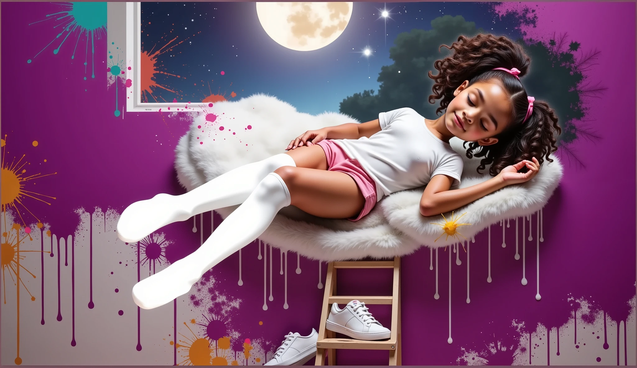 Inspired by the art of Disney Pixar movie posters in high quality and high resolution, create the image of a age: 10y, 10 anos de idade, **** , age: 10, attractive body, 1.35 m tallgirl with light brown skin, curly hair tied in two ponytails like plum pink in her hair, wearing a white t-shirt without any print and a pair of short pink shorts, white knee-high socks and no sneakers or shoes, just below there is a small two-step ladder with the sneakers she has just taken off, white sneakers. An important detail is that the entire environment is dirty with paint with stains of paint that gives a liveliness and artistic inspiration to the moment. The girl is also all dirty with paint. She is beautiful, she is 1.35 m tall with an attractive, sensual body, she wears clothes that highlight her beautiful and attractive body. She is involved in a surreal artistic scene where she will imaginarily lie down, rest, sleep, with her eyes closed, in a white cloud that runs down the wall that she herself painted the scene takes place in a painting that highlights a night with a full moon and stars it is a breathtaking scene