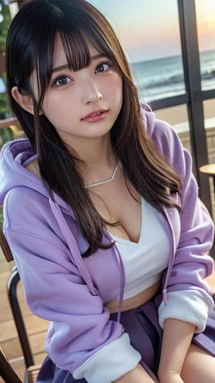 in 8K，photos realistic (1 Cute Japanese Idol ) low-tied long hair, Thin makeup, Medium chest size, Close-up portrait, nffsw、Punk Girl、Pendants,breasts deep cleavage、FULL BODYSHOT、beauty legs、Beautiful legs、16-year-old 、She's looking at this、(Super beautiful girl:1.5)、(A detailed face)、Adult face、Bare legs, thighs、a closeup、full body Esbian、Nasty eyes、((Random sexy poses:1.5)),((full shot:1.5)),((beautiful skin:1.5)) ,,((extra small micro bikini:1.5)),((Wearing a large hoodie with the front open:1.5)),((An inviting pose:1.7)),(Around town)
