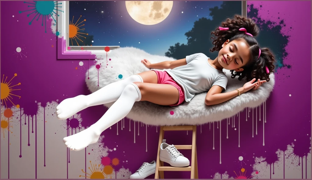 Inspired by the art of Disney Pixar movie posters in high quality and high resolution, create the image of a age: 12y, 12 anos de idade, 12yo , age: 12, attractive body, 1.35 m tallgirl with light brown skin, curly hair tied in two ponytails like plum pink in her hair, wearing a white t-shirt without any print and a pair of short pink shorts, white knee-high socks and no sneakers or shoes, just below there is a small two-step ladder with the sneakers she has just taken off, white sneakers. An important detail is that the entire environment is dirty with paint with stains of paint that gives a liveliness and artistic inspiration to the moment. The girl is also all dirty with paint. She is beautiful, she is 1.35 m tall with an attractive, sensual body, she wears clothes that highlight her beautiful and attractive body. She is involved in a surreal artistic scene where she will imaginarily lie down, rest, sleep, with her eyes closed, in a white cloud that runs down the wall that she herself painted the scene takes place in a painting that highlights a night with a full moon and stars it is a breathtaking scene