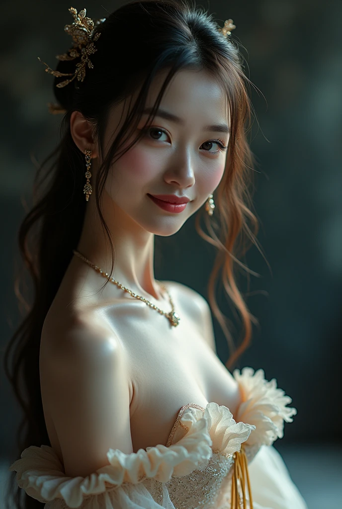 ((no)), best quality, Masterpiece, height, 1 girl, Chinese Hanfu, Chinese Architect Background, decorationsผม, necklace, decorations, Beautiful face, full body, Tyndall Effect, realistic, dark studio, By the light, Two tone light, (Highly detailed skin:1.2), 8g UHD, dslr, soft light, High quality, Volumetric light, Candlelight, Dark reflection, The shadow is not dark, High Key, photograph, high resolution, 4K, 8ก, Bokeh. from the front, Cowboy style photo of the upper torso of a female model, approximately 21-2.. Female model girl is wearing Chinese Hanfu that is classic traditional clothing of Tang Dynasty period and white color and ancient oriental long robe and made of very sheer and transparent silk so very see through bare skin, wearing nothing under her Chinese Hanfu, with closed her chest by her Chinese Hanfu, with all back covered by her Chinese Hanfu. The model has a deep bust., big breasts, Round and bouncy breasts, Anatomically correct pink nipple and areola, Small and slim waist, wide hips, charming thighs, The target has a lot of diamond hair., Clean vagina, so all of them are covered by her Chinese Hanfu, But it's all blurry and I can't see through it..