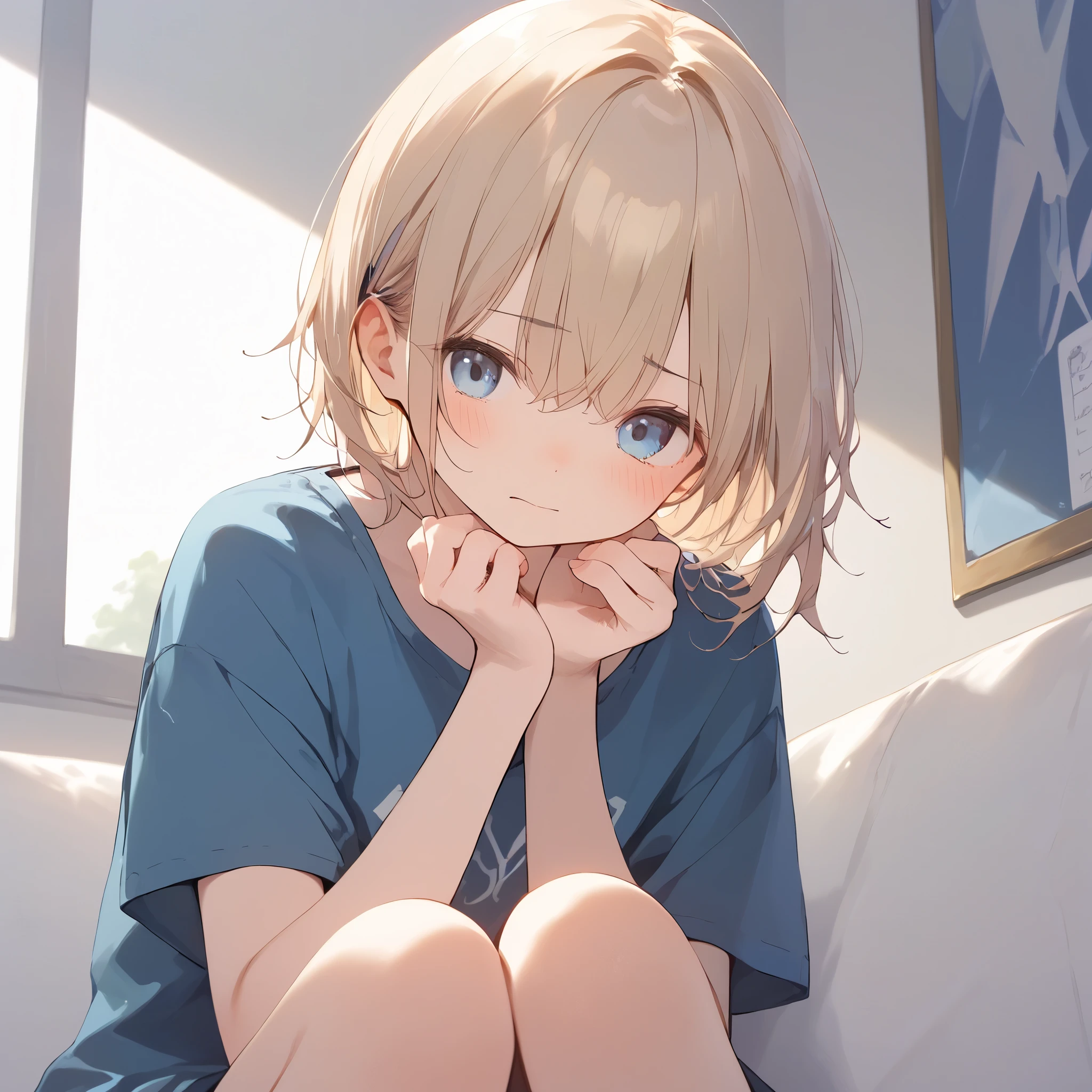 score_9, score_8_up, score_7_up, source_anime, best quality, masterpiece,ultra-detailed,official art, absurdres, highres, waifu2x, break,1girl, girl, short hair, beautiful detailed eyes, sit, (yawn:0.3), sleepily, break,(clear line illustration:1.2),very high resolution, very aesthetic, super detailed skin, Best sexual lighting powered by famous artist, 8k,ero picture,beauty illustration,photoshop_(medium),,(Detailed Lighting)、(embarrassed,blush:1.3)、 nose blush、Embarrassed、