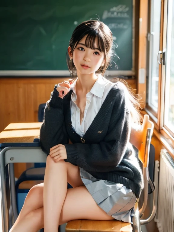 ((classroom)), ((Sitting with legs crossed)), (nsfw), ((masterpiece)), ((Best Quality)), (Super detailed), cute, (device), ((Very detailed)), 4K, (8k), Best Quality, (beautiful), Genuineistic, Genuine, Angry face,Tears, bangs,Small breasts,School Costume,Sweater shirt, White Bra, ((Open your shirt and expose your chest)), sleeve,skirt,,(Full Body Focus)