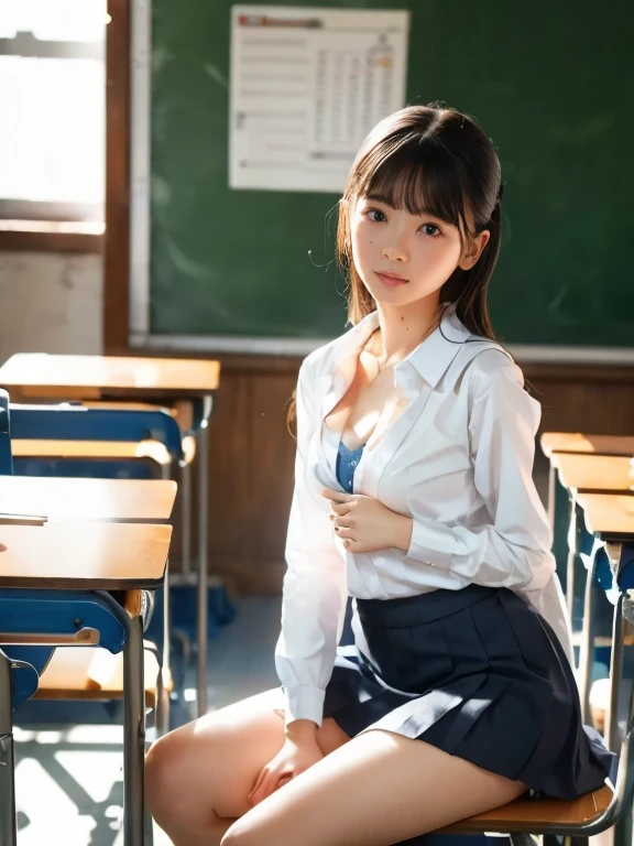 ((classroom)), ((Sitting with legs crossed)), (nsfw), ((masterpiece)), ((Best Quality)), (Super detailed), cute, (device), ((Very detailed)), 4K, (8k), Best Quality, (beautiful), Genuineistic, Genuine, Angry face,Tears, bangs,Small breasts,School Costume,Sweater shirt, White Bra, ((Open your shirt and expose your chest)), sleeve,skirt,,(Full Body Focus)