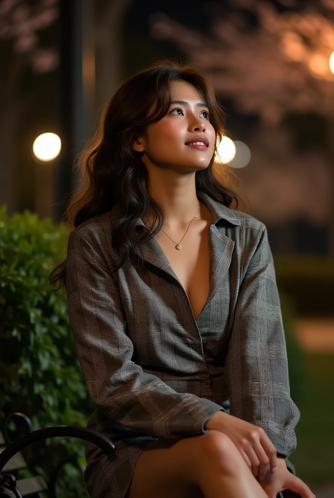 Night time,Dark,  young woman, gray plaid romper, pink brush , 8K, Park, wolf hair, Doble layer hair dye, first layer are white, second layer are white, Looking up to see the cherry blossoms, pale solid colour background, cuff, up right pose, static pose, center composition, Sit on the estetic bench,estetic Garden lamp, Flowers, pets, others people,smile