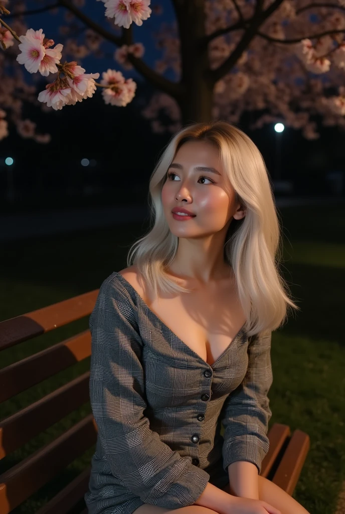 Night time,Dark,  young woman, gray plaid romper, pink brush , 8K, Park, wolf hair, Doble layer hair dye, first layer are white, second layer are white, Looking up to see the cherry blossoms, pale solid colour background, cuff, up right pose, static pose, center composition, Sit on the estetic bench,estetic Garden lamp, Flowers, pets, others people,smile