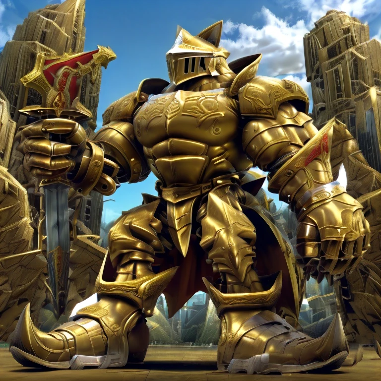 - Excalibur Sonic. solo. Golden Armor. The whole body is golden.
- masterpiece. official art. 8k. best quality. detailed full body. full body.
- no face. wearing a full-face helmet.

- large muscles,  big muscle, huge muscles,  massive muscles, bulk up.
- focus GIANT mechanical Muscular latex Muscle Suit is trampling the city. Looking down. macro. stomp. Low-angle perspective. emphasizing the immense size. He has long legs.
(Excalibur Sonic, golden armor, helmet, no face, holding sword, red cape, upturned and pointy shoes)