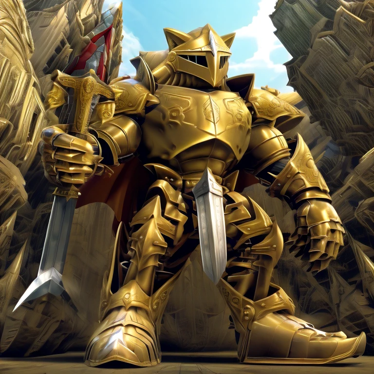 - Excalibur Sonic. solo. Golden Armor. The whole body is golden.
- masterpiece. official art. 8k. best quality. detailed full body. full body.
- no face. wearing a full-face helmet.

- large muscles,  big muscle, huge muscles,  massive muscles, bulk up.
- focus GIANT mechanical Muscular latex Muscle Suit is trampling the city. Looking down. macro. stomp. Low-angle perspective. emphasizing the immense size. He has long legs.
(Excalibur Sonic, golden armor, helmet, no face, holding sword, red cape, upturned and pointy shoes)