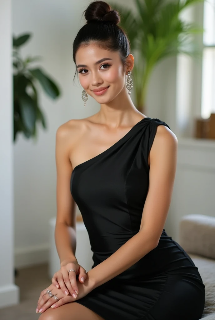 Beautiful Model, one-shoulder tight evening dress。Sitting。 skin details ，Photo poses，Healthy skin， high bun，Hairstyle，Exquisite jewelry，Natural Light。