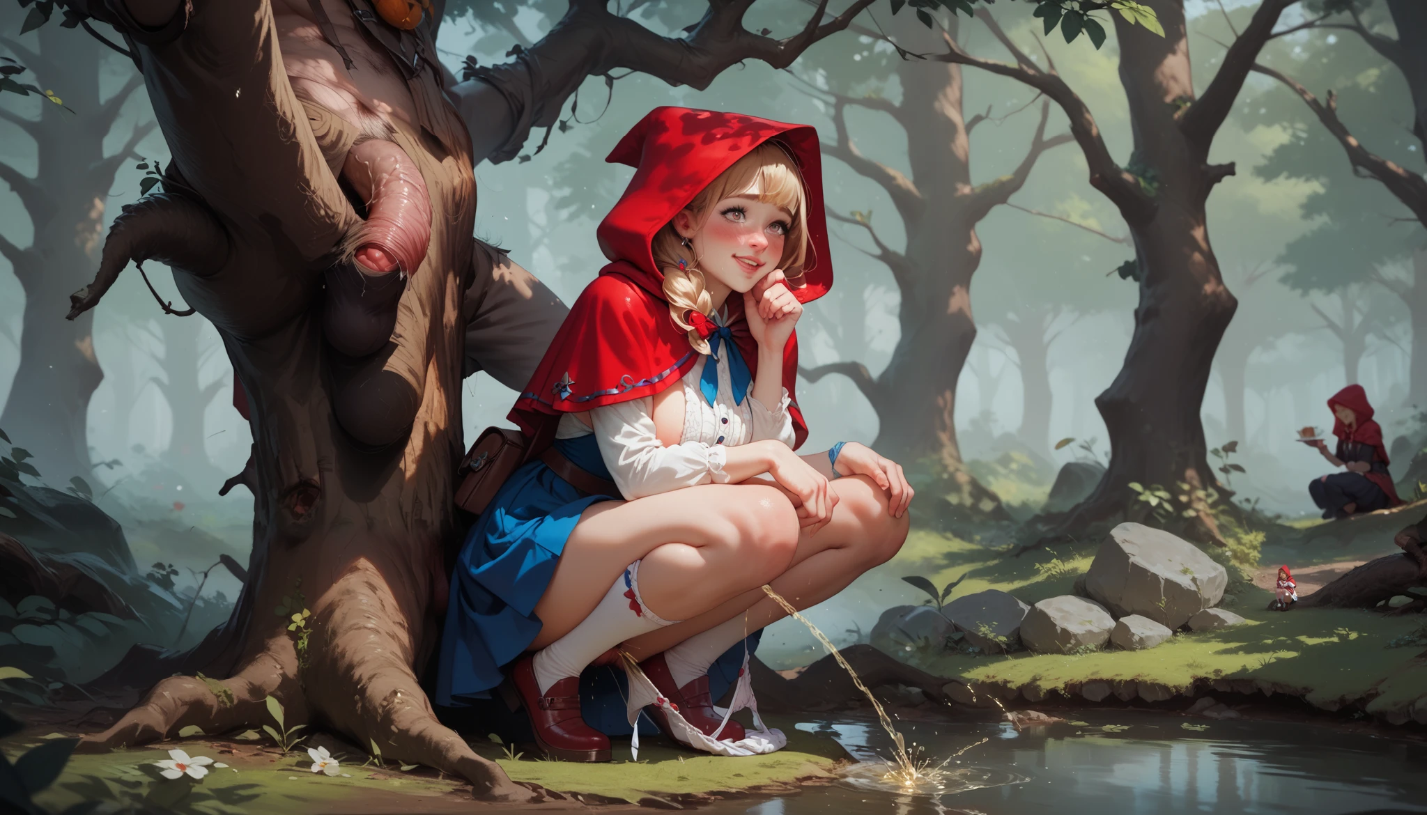 cute maiden, Little Red Riding Hood, squatting behind tree peeing, skirt pulled up, grinning, cute, shy, red cheeks, visible pubic hairs under panties, panties around ankles, on the trail in the dark woods, horny ax man lumberjack watching her, big bulge in his pants