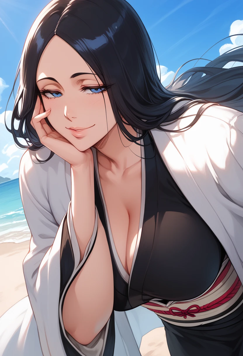 ((((MASTERPIECE)))), best quality, 1 girl, solo,large breasts,large ass,Unohana Retsu,Bleach ,unohana_tybw, blue eyes, very long hair, straight hair, black hair, narrowed eyes, half-closed eyes, black kimono dress, white coat, white obi,Beautiful attention to detail:1.2, (perfect hand, perfect anatomy), super detailed, beautiful face,beach, smile ,(leaning forward:1.2), (close-up breasts:0.9), (close-up face:1.0)